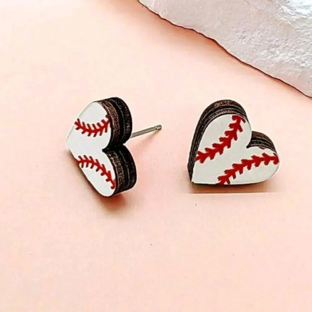 3 for $26 White and Red Baseball Heart Shaped Wood Design Stud Earrings